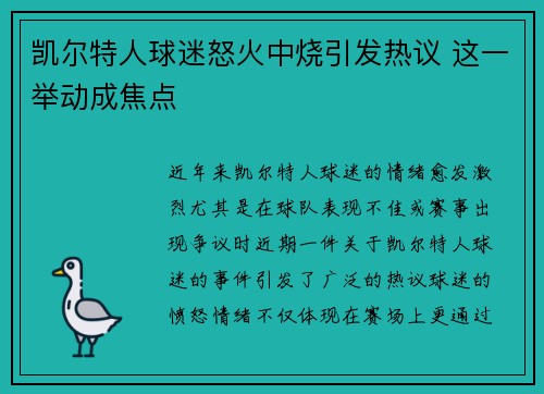 凯尔特人球迷怒火中烧引发热议 这一举动成焦点