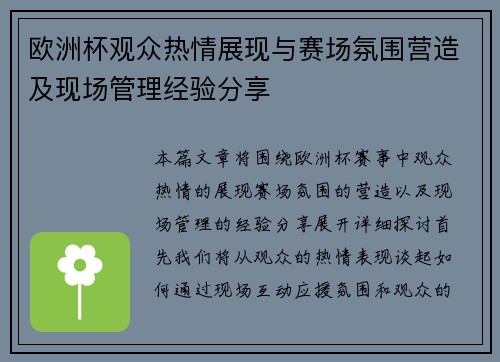 欧洲杯观众热情展现与赛场氛围营造及现场管理经验分享